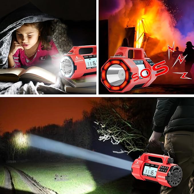 Emergency FM/AM/SW Weather Radio, Big Flashlight/Speaker,Type-C,Sleep Timer Alarm Clock, Solar/Hand Crank Charge, 5000mAh Replaceable Battery,with Cell Phone Charger Hurricane Storm Survival kit