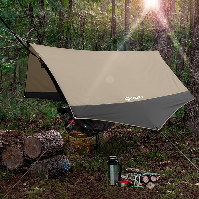 VILLEY Camping Tarps for Tents, Portable Waterproof Hammock Rain Fly, Easy Set Up Camping Shelter Sunshade Canopy for Outdoor Fishing, Backpacking, Hiking, Survival Gear- Heptagonal, Khaki