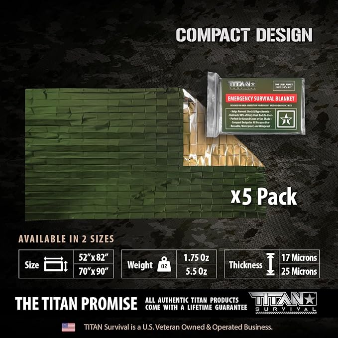 TITAN Survival Premium Mylar Survival Blankets (5 Pack) Thermal Emergency Survival Blanket for Camping, Hunting, Hiking - 90% Heat Retention & Waterproof - Portable Space Blanket w/Size Options