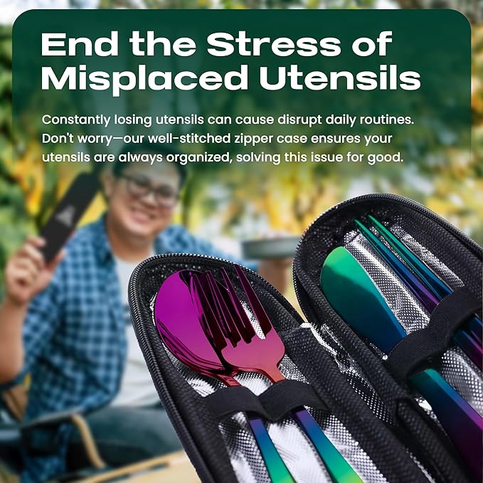 Taplord Portable Travel Silverware Set With Case, Includes 5 Pcs of Travel Utensils With Case, Stainless Steel Flatware Set For Camping, Easy to Travel, Lightweight (Multi)