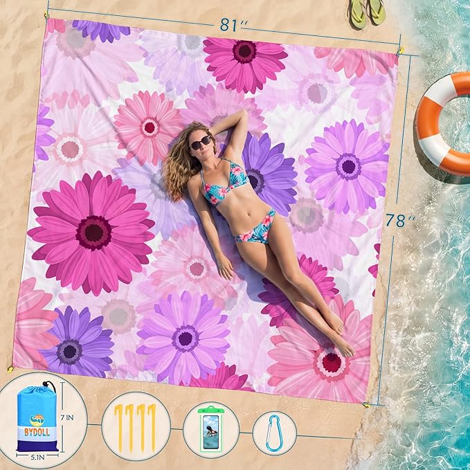 BYDOLL Beach Blanket 78''X81'' Waterproof Sandproof Suits1-4 Adults Oversized Lightweight Large Blanket Picnic Mat for Beach Sand Free Travel Camping Hiking Picnic