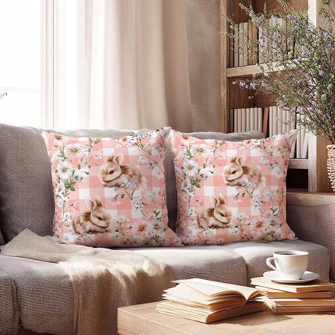 Bunny Throw Pillow Covers 18x18 Set of 2 | Pink Floral Rabbit Cushion Cases | Cute Easter Spring Gingham Decorative Pillow Covers for Couch Sofa Bedroom Girls Room