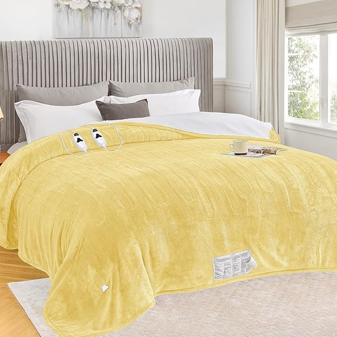 greenoak Heated Blanket Electric King Size 100"X90" Dual Control, Heating Blankets with 10 Levels 8 Hours Auto-Off, Soft Flannel Fluffy House Warming Gifts for Grandma Seniors Mom,Cream Yellow