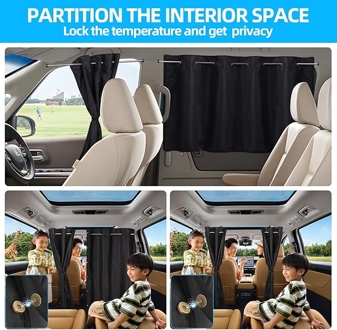 ZATOOTO Car Window Shades with Rods Set of 3, Car Shades for Back Windows Baby & Privacy Blackout Car Divider Curtain Opaque Suede Totally Blackout Length Adjustable for Most Car SUV Truck Van MPV