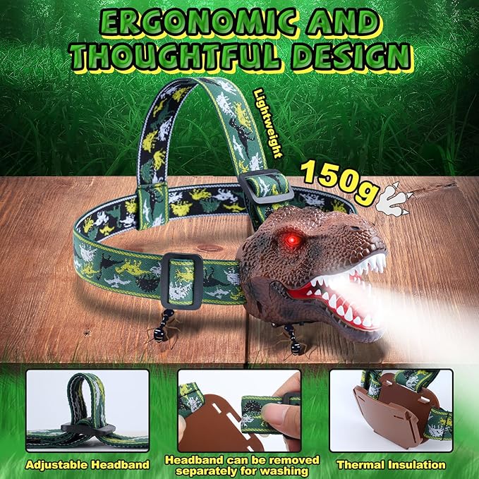 Nitigo Dinosaur Headlamp for Kids Flashlight Rechargeable Led Headlights Roar & Silent Mode, T-Rex Dinosaur Toys for Kids 3-5 4-6 5-7 6-8, Camping Gear, Easter Gifts for Boys Girls Adults