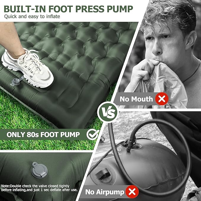 Toncoke Sleeping Pad, 4.7" Extra-Thick & Ultralight Inflatable Camping Mat with Pillow, Built-in Foot Pump, Compact for Backpacking, Camping, Hiking, Travel —Military Green