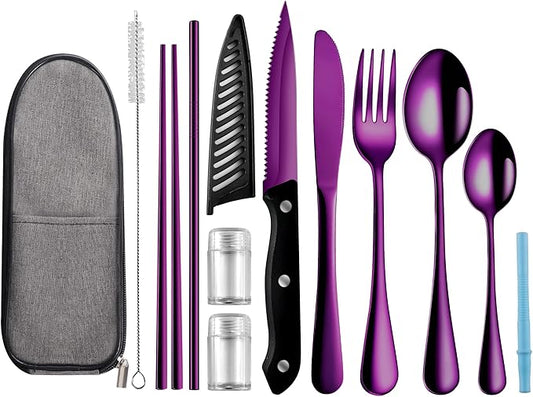Logcow Travel Utensils Set with Case, 10-Piece Reusable Stainless Steel Camping Cutlery, Portable Fork Spoon Knife Chopsticks & Straw for Work, Lunch, Picnic (Purple)