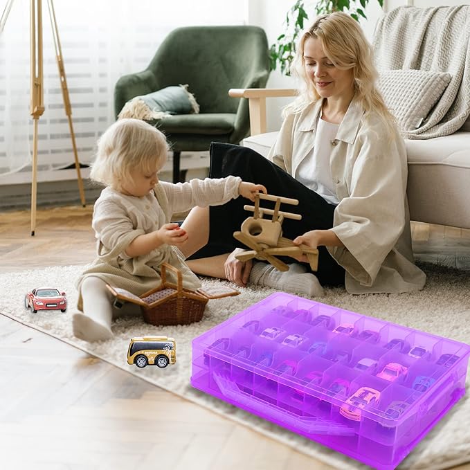 KISLANE Double Sided Toy Car Storage Case for 48 Toy Cars, Matchbox Cars, Mini Toys, Small Dolls, Portable Transparent Storage Case for Toy Cars, Matchbox Cars with 48 Compartments, Case Only