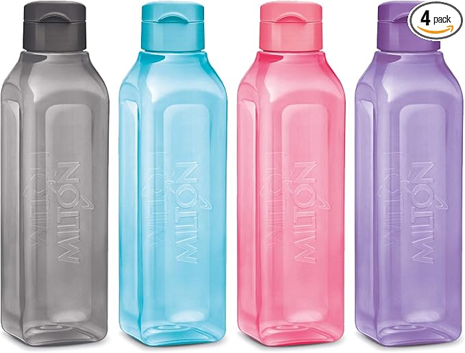 MILTON Sports Water Bottle Square Juice Box 4 Set 32 oz. Great for Juices Milk Smoothies Plastic Wide-Mouth Reusable Leak Proof Drink Bottle/Carton for School Bags Lunch Boxes Gym Flip Lid -BPA Free