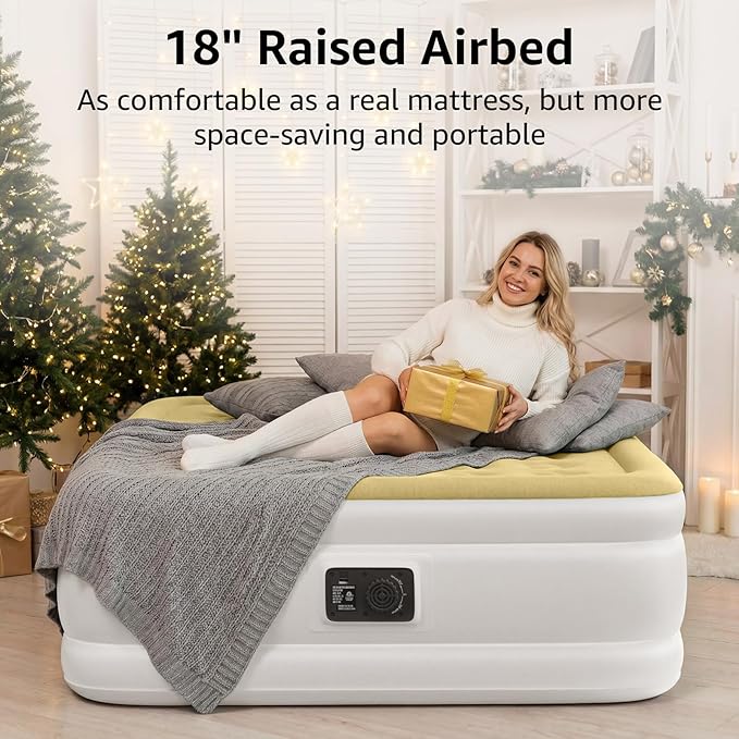 YENING Full Size Air Mattress with Built in Pump Raised Double Blow up Bed Inflatable Camping Airbed Electric 18 Inch Tall Beige