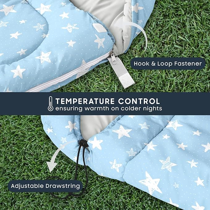 Wake In Cloud - Star Kids Sleeping Bag for Boys Girls Toddlers, Camping in Warm Cold Weather, Backpacking Lightweight Compact Outdoor Liner for 3 Seasons Summer Spring Fall