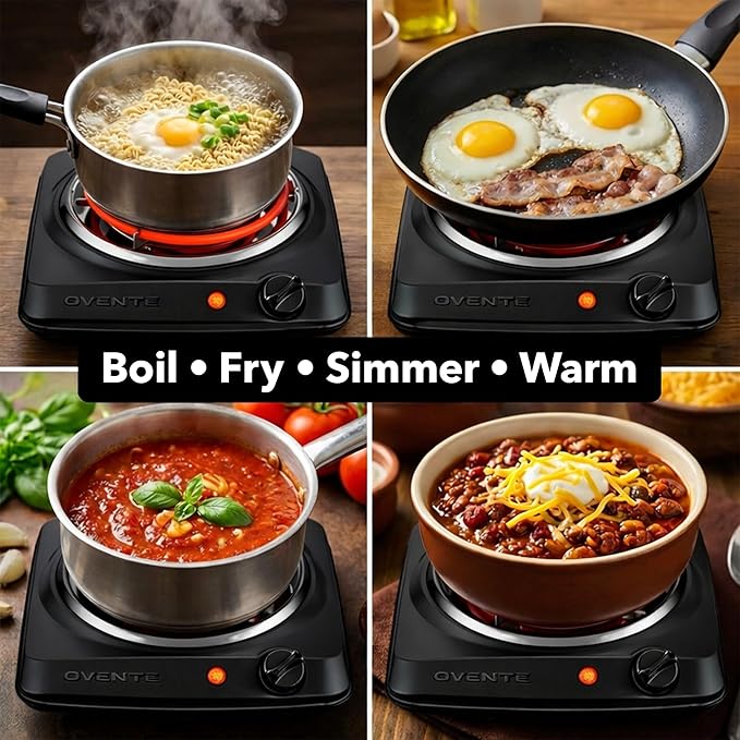 OVENTE Electric Countertop Single Burner, 1000W Cooktop with 6" Stainless Steel Coil Hot Plate, 5 Level Temperature Control, Indicator Light, Compact Cooking Stove and Easy to Clean, Black BGC101B