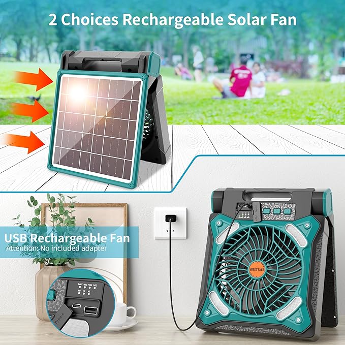WESTTREE Solar Fan Battery Powered Rechargeable Solar Camping Fan with Led Lantern & Power Bank Foldable Angle USB Personal Fans for Travel Outdoor Camping Tents X98 Cyan