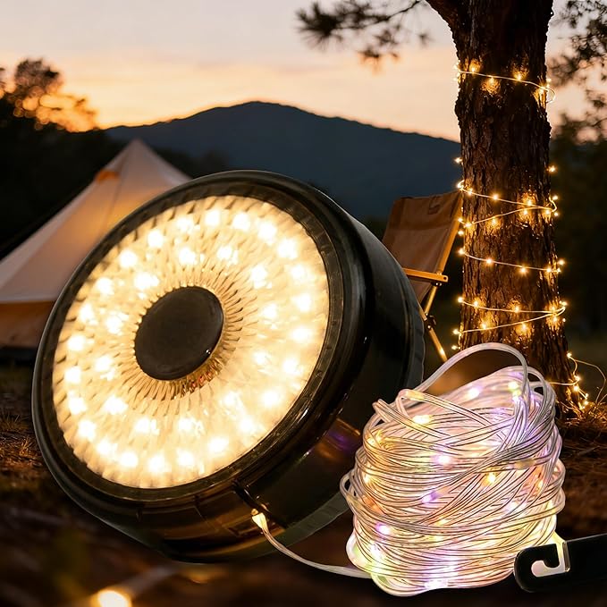 Solar Camping String Lights 32.8FT, 9 Lighting Modes 4 in 1 Portable Waterproof Camp Lantern, Retractable Rechargeable Fairy Lights with Hanging Hook for Outdoor Tent Garden Patio RV Yard Essentials