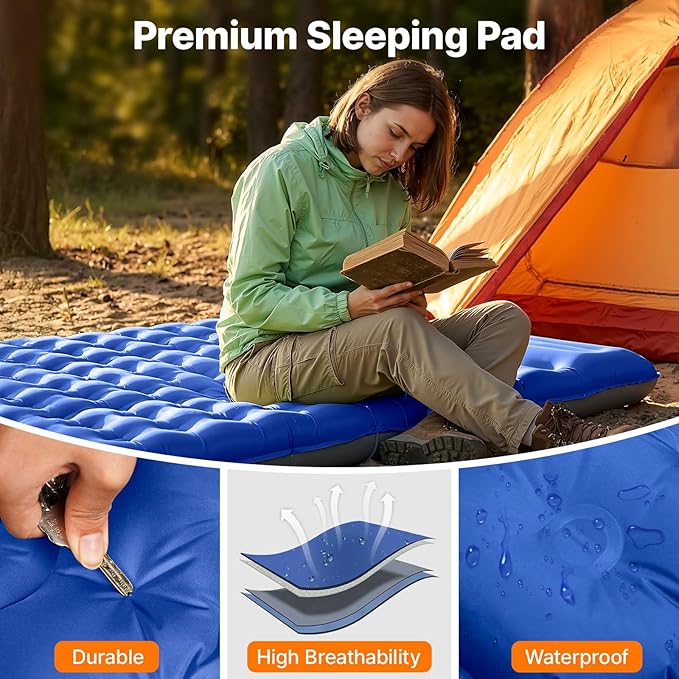 OGERY Double Sleeping Pad,Ultralight Inflating Sleeping Pad for Camping with Pillow Built-in Foot Pump, 6" Extra-Thick Reinforced Camping Pad for Hiking, Backpacking, Tent, Single,Blue