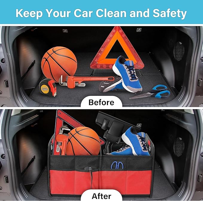 Simple Deluxe Car Trunk Organizer, Anti-slip Design, Made of Waterproof 600D Oxford Polyester, 2 Compartments Collapsible Trunk Storage, Suitable for SUV, 14" D x 22" W x 12" H, Red