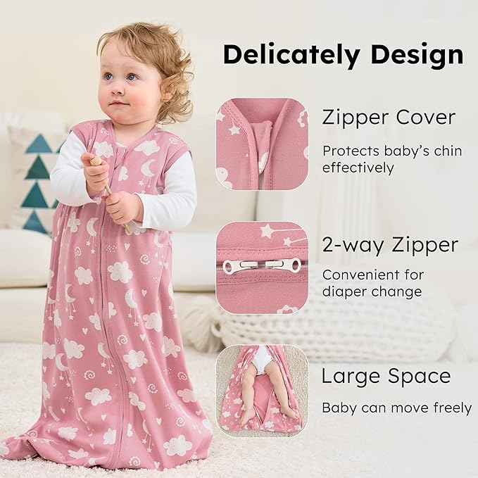 Baby Sleep Sack 12-18 months, 100% Cotton Sleeping Sack for Toddler, 3 Pack Baby Wearable Blanket, 0.5 Tog Lightweight Double Zipper Sleep Bag Large Pink Stars Moon