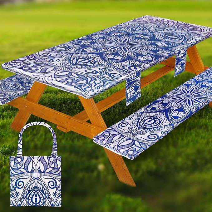 Picnic Table Cover with Bench Covers Vinyl Elastic Edges Fitted Rectangle Seat Tables Waterproof 3-Piece96X30in Set Outdoor Rectangular Folding Backing Tablecloth for Camping Over Size
