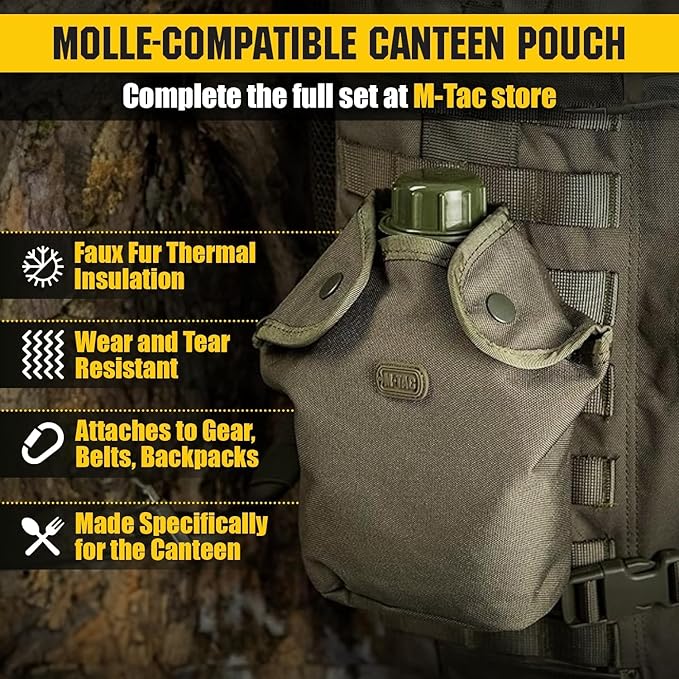 M-Tac Canteen Water Bottle - 1 Quart Water Canteen (34 Oz/1L) - Tactical Water Bottle for Military Hiking Camping Survival (Bottle & Cover Olive)