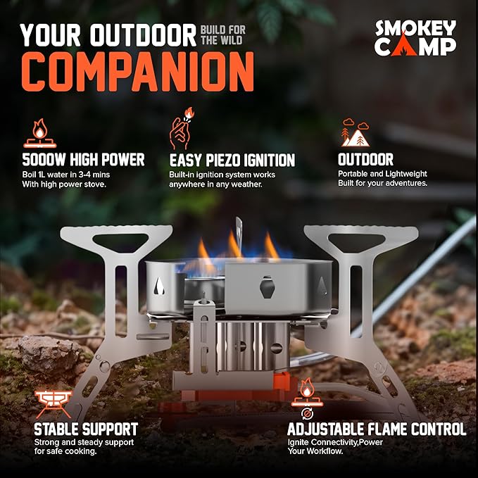 5000W Camping Stove, Backpacking Windproof Camp Stove with Piezo Ignition Carrying Case and 2 Additional Adapters, Compatable with Isobutane, Propane, Butane Tanks, Portable and Collapsible
