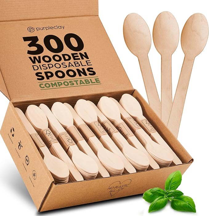 PURPLECLAY Disposable Wooden Spoons for Eating – 300 Pack Wooden Disposable Spoon, FSC Certified Wood Small Compostable Spoons, Biodegradable Wood Cutlery, Plastic-Free Utensils for Parties in Bulk