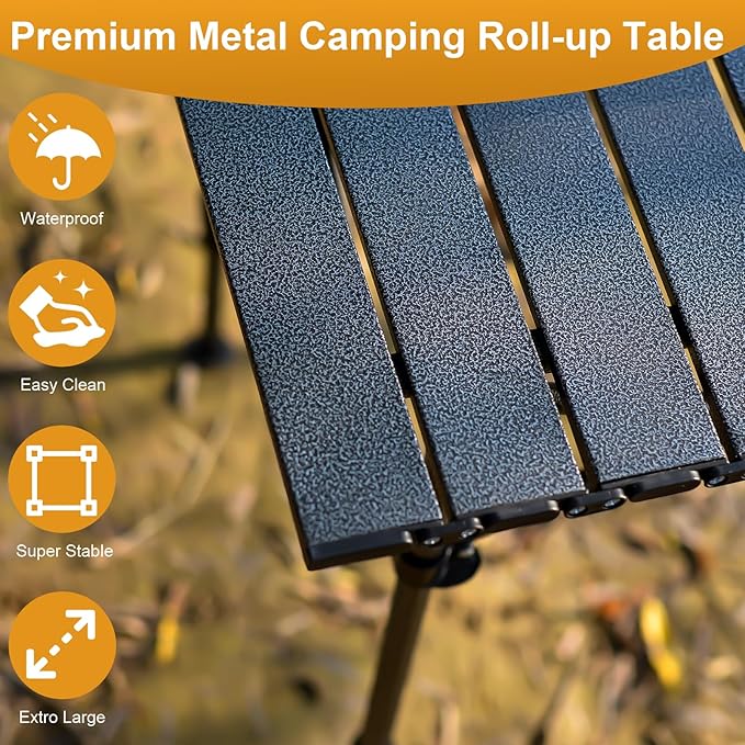 Folding Camping Table, Outdoor Roll-up Table Height Adjustable & Portable Metal Camp Grill Table for Picnic, BBQ, Party, Backyard, Beach, Mesh Storage and Carry Bag (Ash Black, 47.24'' X-Large)