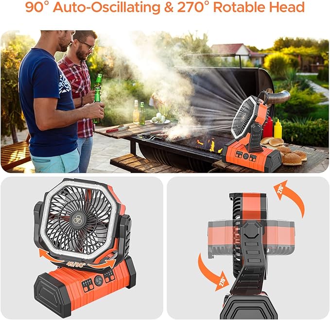 Rechargeable Camping Fan with LED Lantern, 20000mAh Auto-Oscillating Battery Operated with Remote/Hook/Timer, 8” Portable Fan for Picnic, Fishing,Tent, RV, Power Outages, Hurricane(Orange)