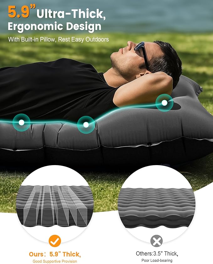Camping Sleeping Pad,5.9 Inch Thick Camping Mat with Built in Pillow and Foot Pump,Self Inflating Sleeping Pad for Camping Backpacking（Green