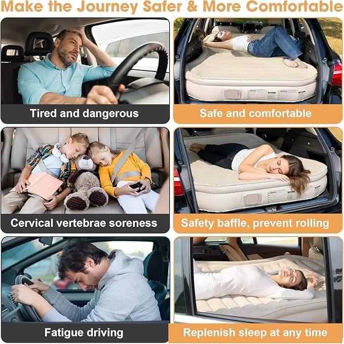 KMZ SUV Air Mattress with Built-in Pump & 2 Pillows, Thickened Flocked PVC, Quick 90-Seconds Inflation Air Bed, Portable & Durable Car Air Bed for Camping, Travel, Truck (Khaki)