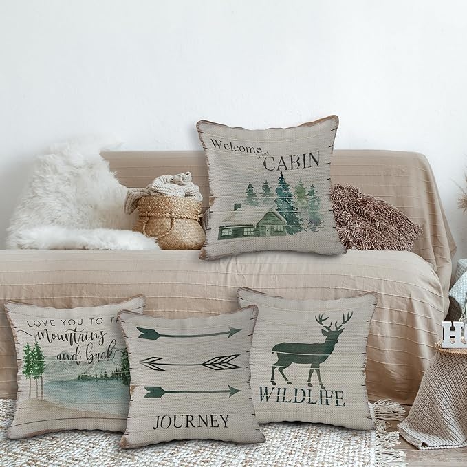 (RB) SiuSue Cabin Decor Pillows, Rustic Farmhouse Pillow Covers 18x18, Log Cabin Decor, Camper Decorations for Inside,Camping Decorative Pillow Covers, Porch Sofa Pillows for Living Room, Set of 4