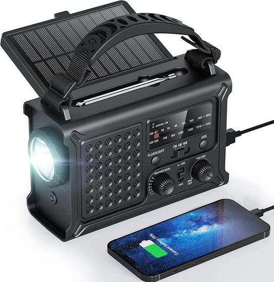Raynic NOAA Weather Radio 12000mAh, Emergency Weather Radio with 2X Faster Solar & Hand Crank Charging, 5W Flashlight, Reading Lamp, Cell Phone Charger, SOS for Hurricane, Storm, Camping (Black)