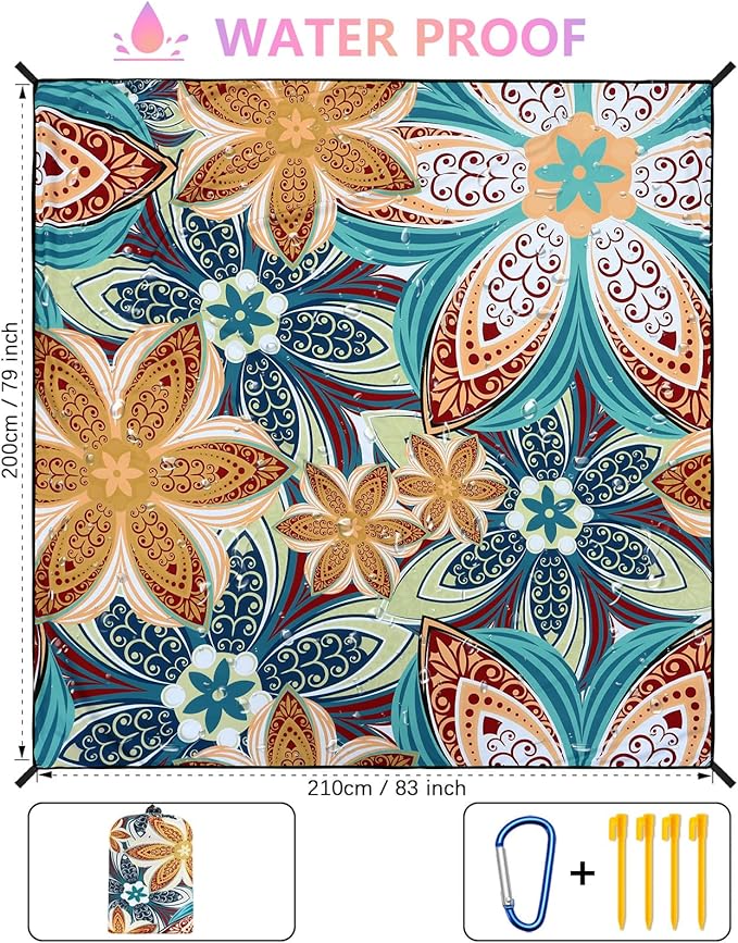HIHOHO Beach Blanket Waterproof Sandproof Beach Mat for 1-8 Adults Quick Drying Durable Outdoor Picnic Mat for Beach Festival Travel Camping Hiking (Flourishing Blossom-R&GN, 79"×83"(4 Person))
