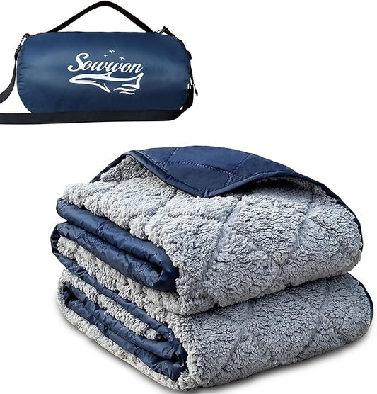 Waterproof Outdoor Blanket 62”X 51” Packable, Stadium Blankets for Camping with Sherpa Fleece Lining, Large Windproof Emergency Mat for Garss Picnic Hiking Road Trip, Machine Washable, Navy 300GSM