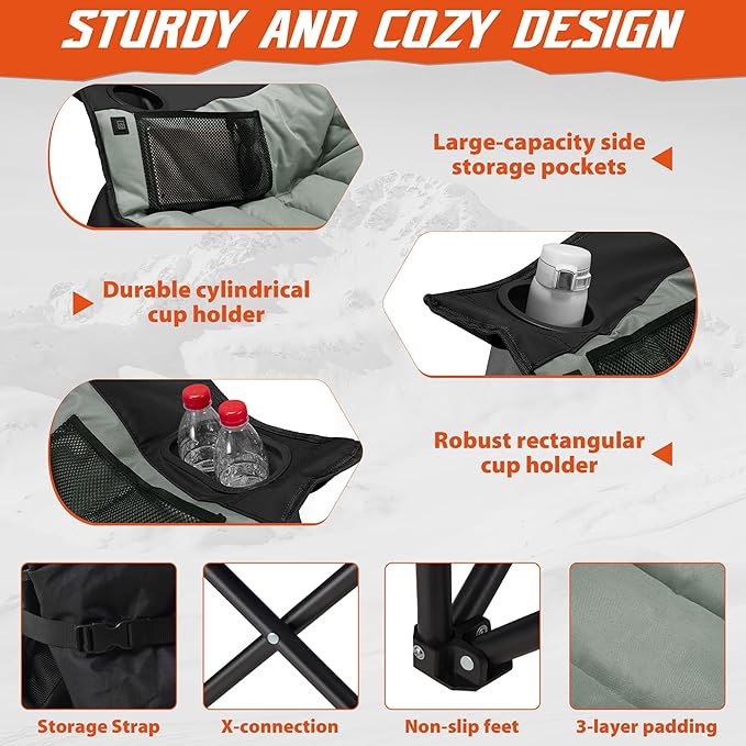 Youtanic Heated Camping Chair, 3 Heat Levels Oversized Padded Lawn Chair with Side Pockets and Cup Holder, Outdoor Heating Folding Camp Chair for Adults, Fishing, Sports, Picnic, up to 500lbs, Style 1