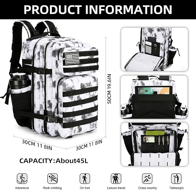 Lovelinks21 45L Tactical Assault Backpack 3 day assault pack with Molle Waterproof backpack Rucksack for Tactical Backpacks (BlackWhite Camo)