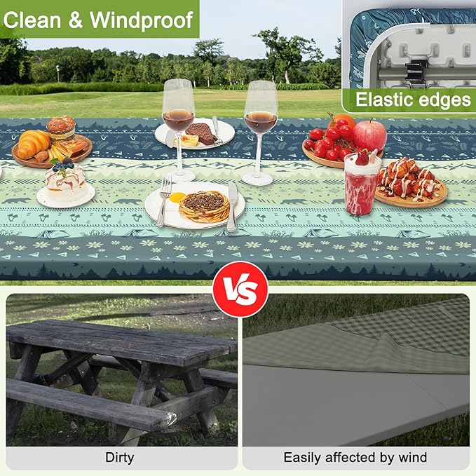Picnic Table Cover with Bench Covers Portable Table Cloth Built-in Storage Pocket Fitted Tablecloth with Elastic Edges Waterproof Camping Essentials for Indoor Outdoor Rv,72in,CadetBlue