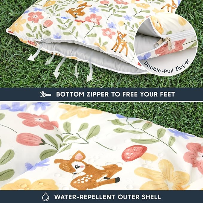 Wake In Cloud - Kids Sleeping Bag for Girls Toddlers, Camping in Warm Cold Weather, Backpacking Lightweight Compact Outdoor Liner for 3 Seasons, Deer Floral Garden