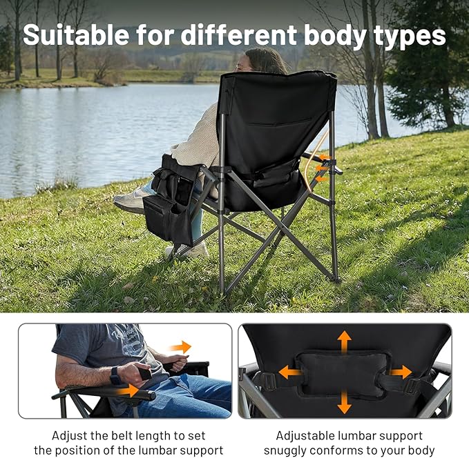TIMBER RIDGE Oversized Folding Camping Chair with Lumbar Support Adjustable High Back Heavy Duty for Adults Aluminum Support up to 500lbs with Cup Holder, Cooler Bag, Side Pocket, 2 Pack