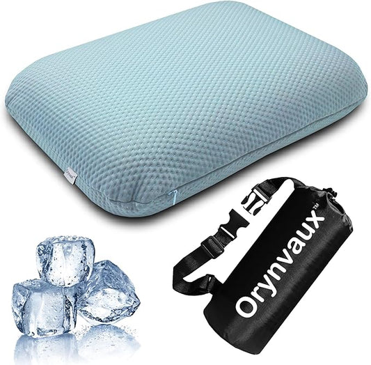 Cooling Camping Pillow, Memory Foam Travel Pillow with Adjustable Buckle Strap & Storage Bag, Compact Small Pillow for Airplane, Car Lumbar, Office, Washable Cooling Cover, Glacier Blue
