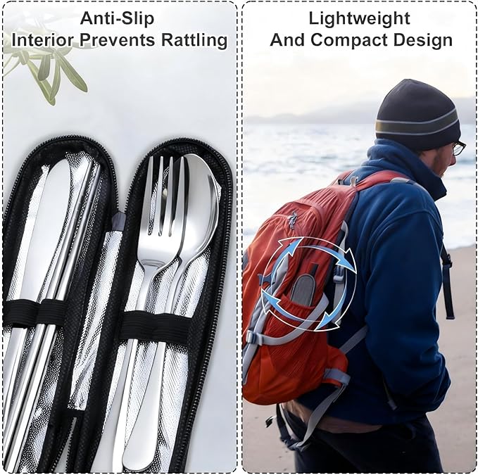 Reusable Travel Utensils Set with Case, Premium Stainless Steel Flatware, Portable Silverware for Lunch, Camping, Picnic, Travel Fork and Spoon Set, To Go Utensils, Dishwasher Safe (Silver)