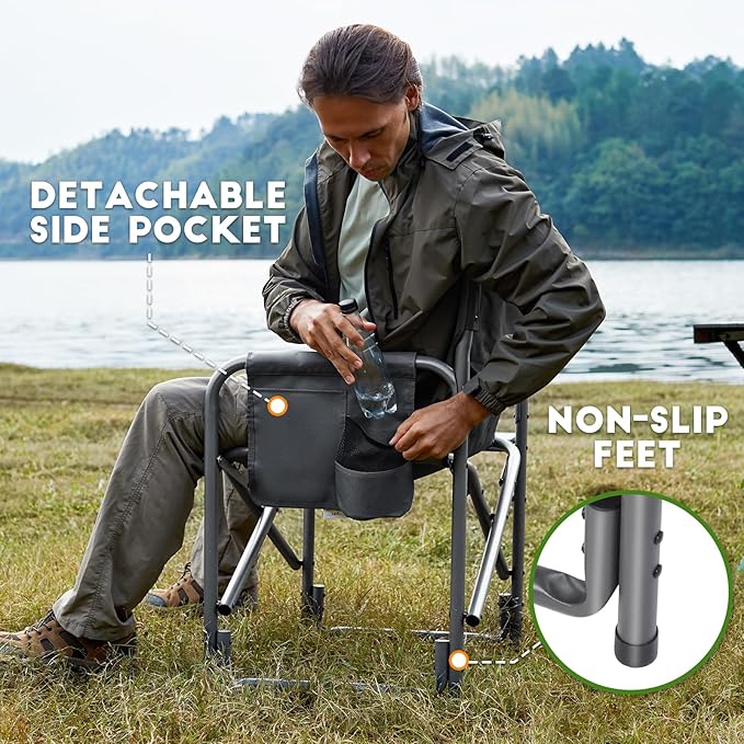Timber Ridge Aluminum Oversized Camping Chair, Lightweight Portable Directors Chair with Side Table Detachable Side Pocket for Outdoor Camping, Lawn, Picnic, Support 400lbs Gray