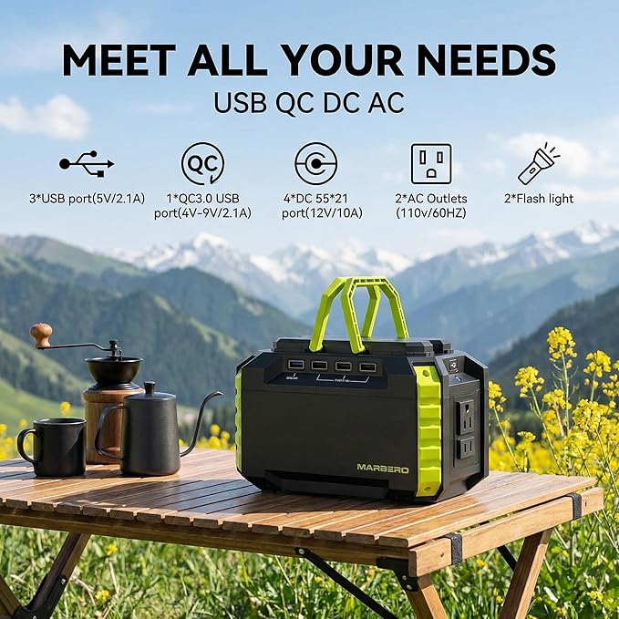 MARBERO Portable Power Station 150Wh Camping Solar Generator Laptop Charger Power Bank with AC Outlet 110V 150W Peak with 4*USB, 4*DC Ports, LED Flashlights for CPAP Home Camping Hurricane Emergency