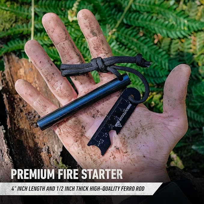 Ferro Rod Flint Fire Starter Kit + Tinder Wick Bellow with Sliding Box - 4" Length 1/2” Thick Ferro Rod with Multi-Tool Striker and Paracord Lanyard + Hemp Wick with Bellow + Sliding Box