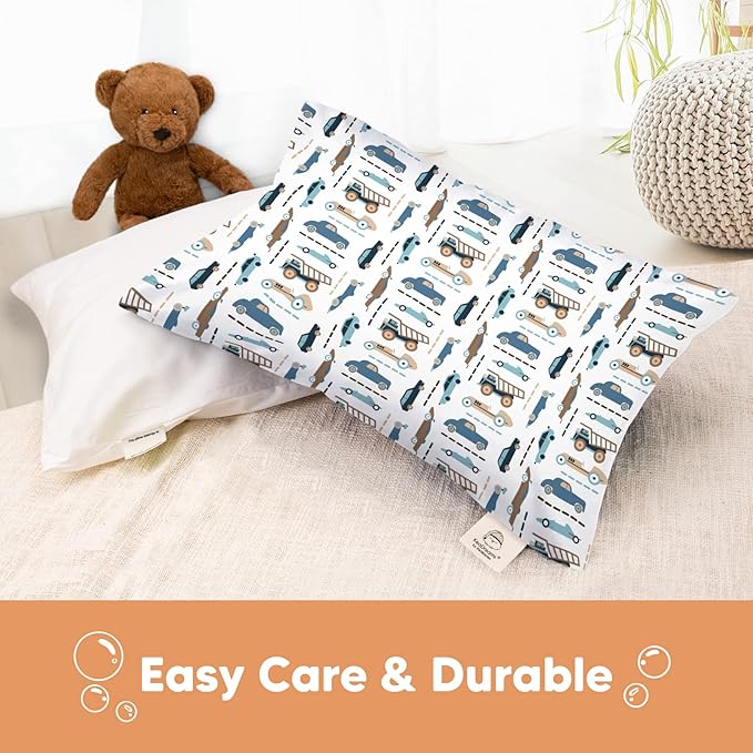 KeaBabies Toddler Pillowcase 13"x18" - Organic Cotton Toddler Pillowcase for Kids, Boys, Girls, Soft & Durable Cotton Cover for Miniature Sleepy Pillows, Cute Colors, Pillow Sold Separately (Vroom)