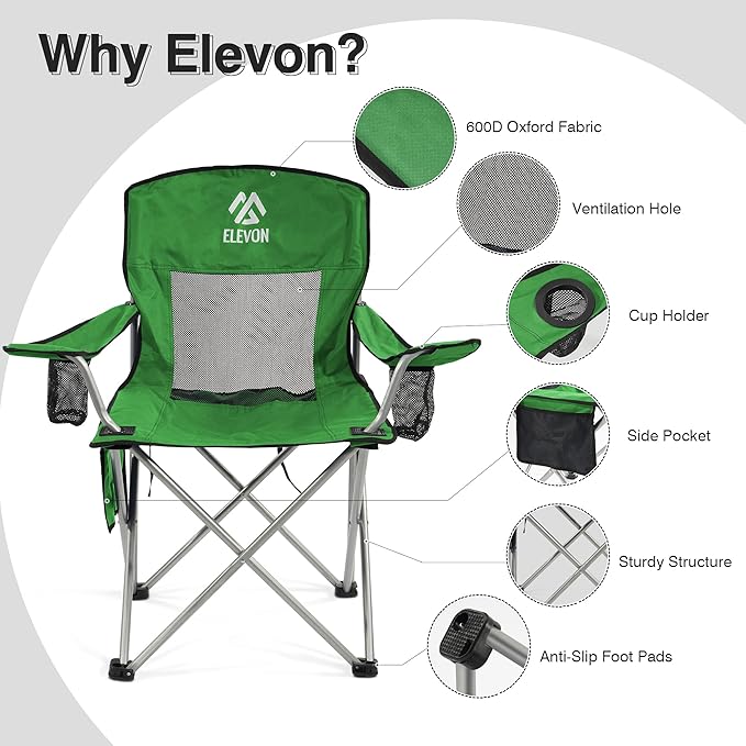 Elevon Camping Chair, Portable Folding Outdoor Chair with Arms, Cup Holder and Carry Bag