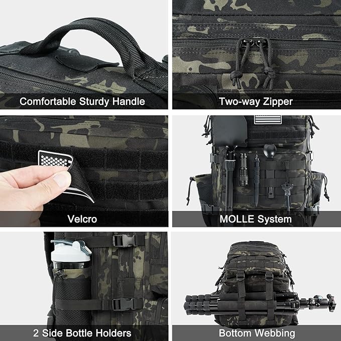 Military Tactical Backpack 25L Day Backpack for Men Molle Army 3 Days Assault Pack Bug Out Bag Water Resistant and Heavy Duty Hiking Treeking Rucksack - Black Camo