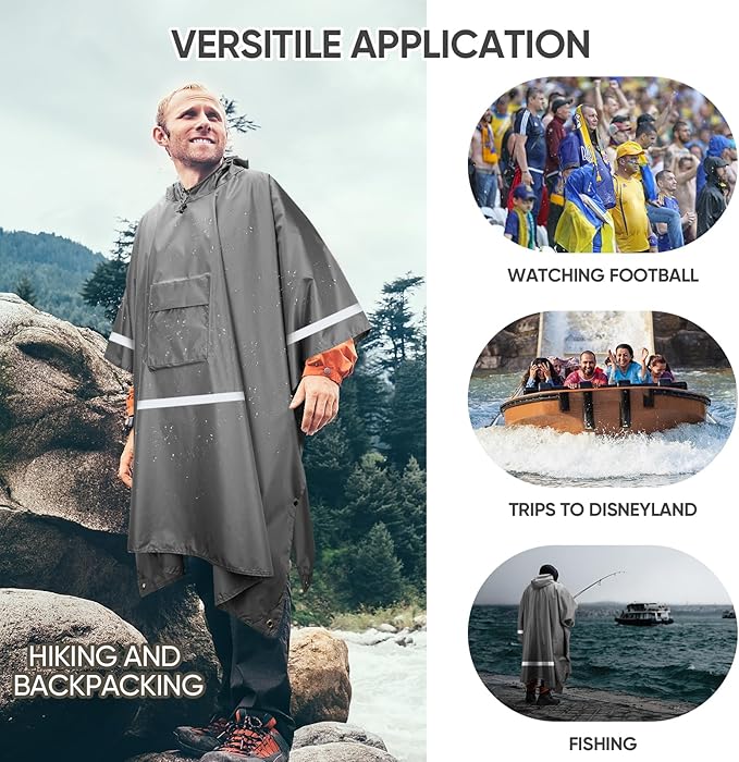 PTEROMY 3-in-1 Hooded Rain Poncho for Adult with Pocket, Waterproof Lightweight Unisex Raincoat for Hiking Camping Emergency