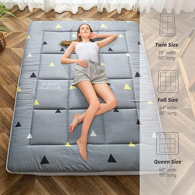 MAXYOYO Grey Triangle Futon Mattress, Padded Japanese Floor Mattress Quilted Bed Mattress Topper, Extra Thick Folding Sleeping Pad Breathable Floor Lounger Guest Bed for Camping Couch, Full