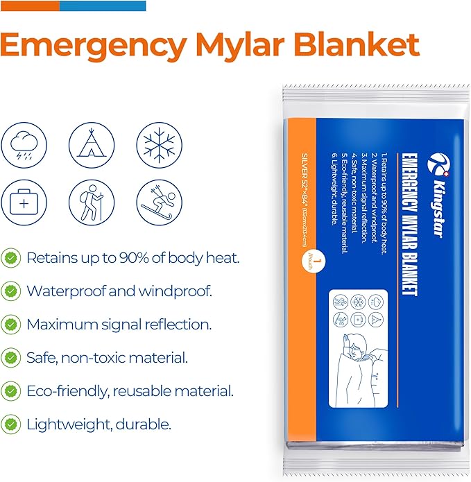 K Kingstar Emergency Blankets 10 Packs, 84" L x 52" W, Bulk Survival Blankets for Disaster Prep & Homeless Care, Heavy-Duty Reusable Mylar Retains Body Heat in Extreme Cold, A Must-Have for Car Kits