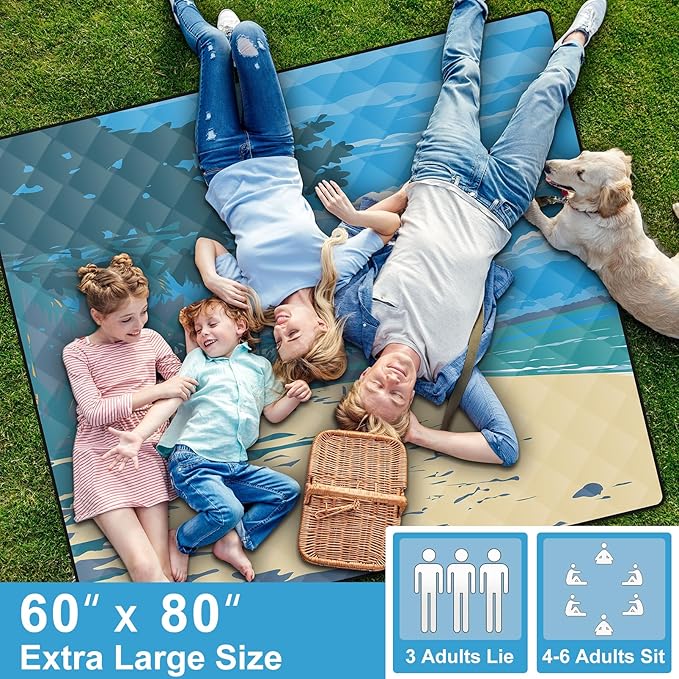 60x80" Picnic Blankets Outdoor XL Giant Waterproof Sandproof Beach Blanket Lightweight Foldable Camping Sand Mat Summer Glamping Camp Equipment Gifts Travel Trailer Hawaii Vacation Accessories